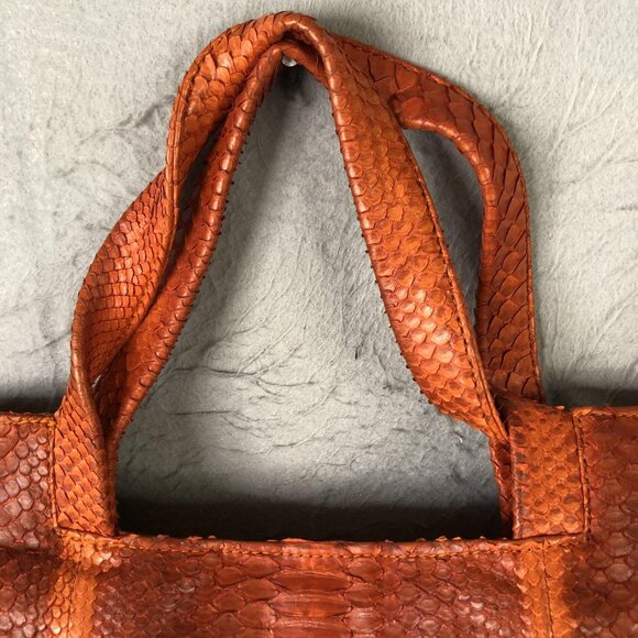 Tote Bag Womens Orange Python Snakeskin Leather Large Shoulder Handbag - Picture 8 of 16